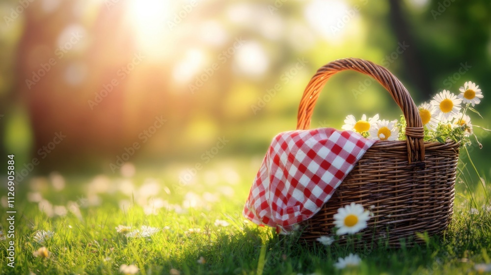 Picnic basket with flowers in sunlit meadow nature scene outdoor setting serene atmosphere Picnic basket with flowers in sunlit meadow nature scene outdoor setting serene atmosphere