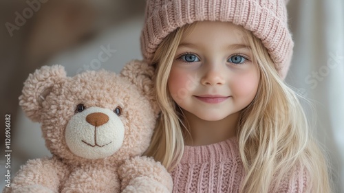 Sweet child girl in pink winter attire, radiating happiness while embracing a teddy bear, highlighting vibrant blue eyes and a charming grin