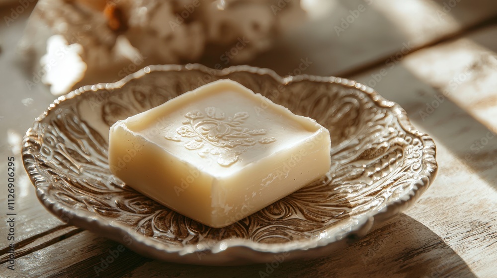 Artisan soap presentation in decorative dish home spa still life warm lighting serenity and elegance Artisan soap presentation in decorative dish home spa still life warm lighting serenity and elegance