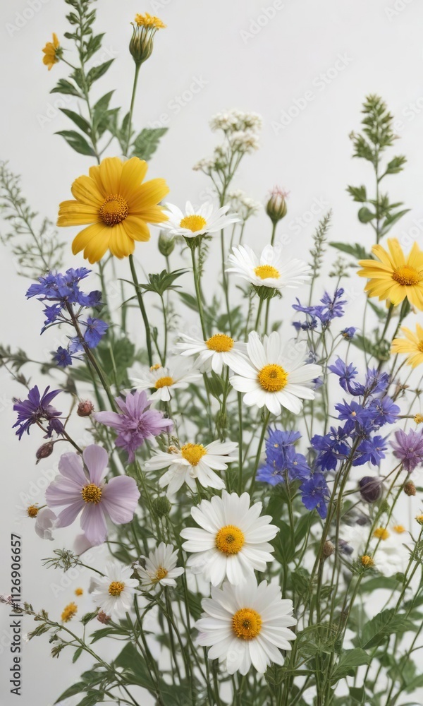 Obraz premium Delicate wildflower arrangement on a white backdrop, isolated, nature, floral, white background