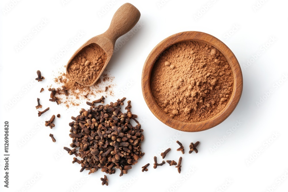 Cloves and ground clove spice in wooden bowl and scoop displayed on white background Cloves and ground clove spice in wooden bowl and scoop displayed on white background