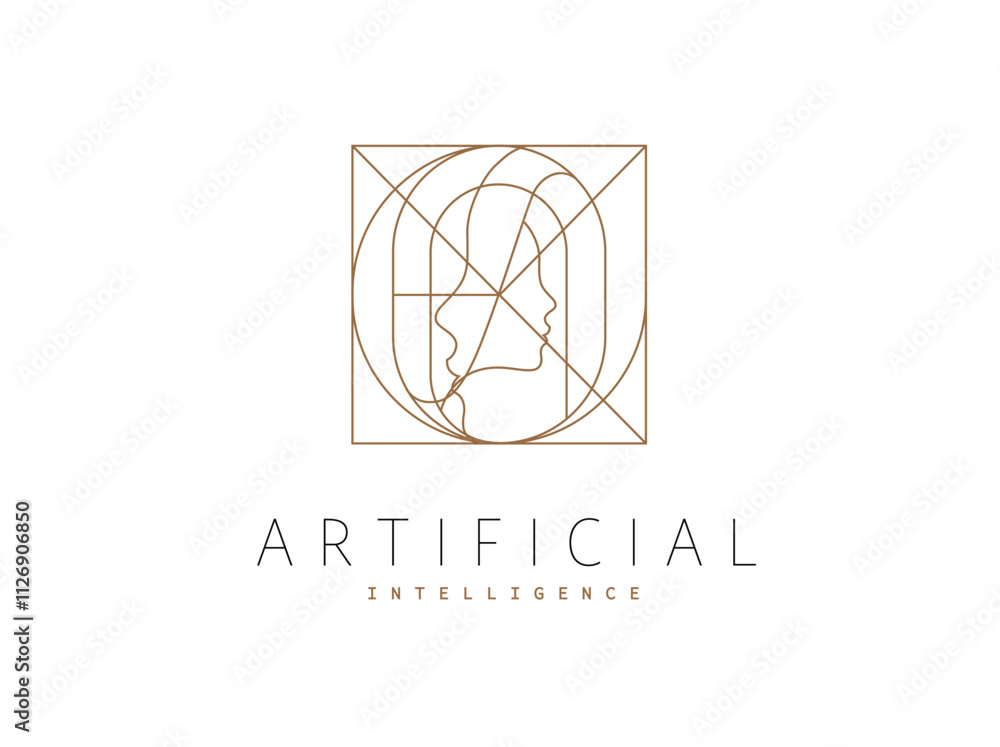 Female linear geometrical silhouette label lettering artificial intelligence drawing on light background