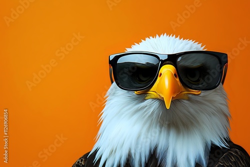 Cool bald eagle wearing sunglasses against orange background. photo