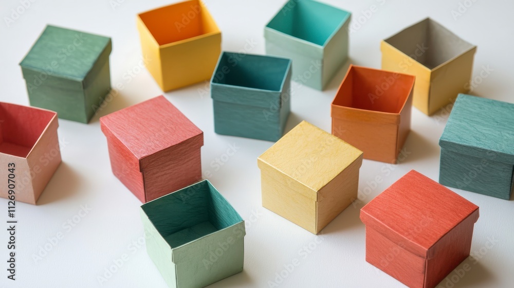 Colorful collection of small paper boxes with lids minimalist setting artistic display studio environment aesthetic viewpoint Colorful collection of small paper boxes with lids minimalist setting artistic display studio environment aesthetic viewpoint