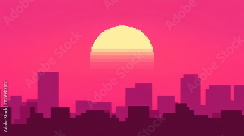 Vibrant Pixel Art Sunset Over City Skyline in Retro Style