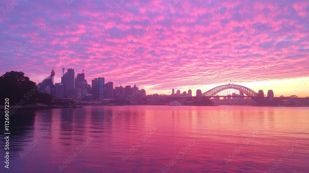 Vibrant Sunset Over Sydney Skyline with Clouds and Reflection on Water Vibrant Sunset Over Sydney Skyline with Clouds and Reflection on Water