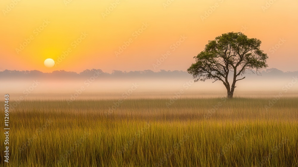 Serene Sunset Over Misty Field with Lone Tree and Golden Horizon Serene Sunset Over Misty Field with Lone Tree and Golden Horizon