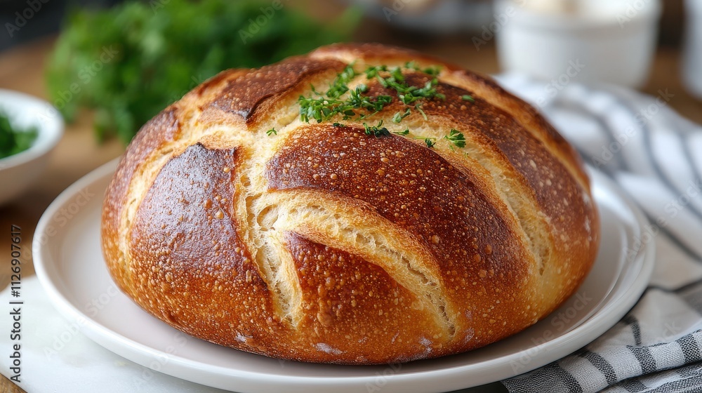 a round loaf of bread on a white plate a round loaf of bread on a white plate