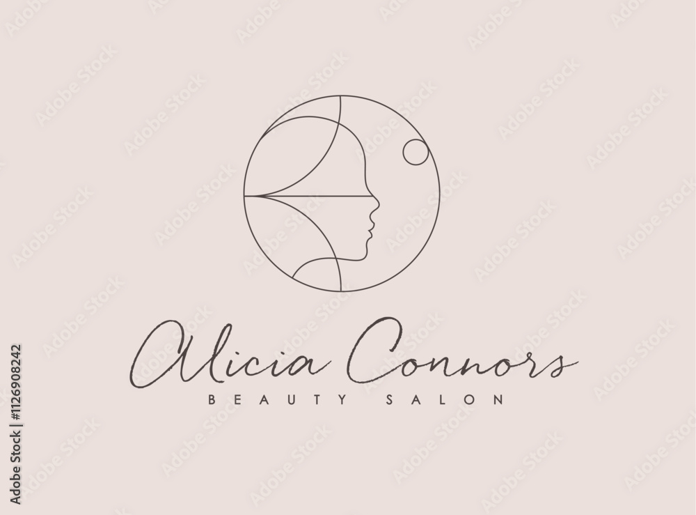 Female linear silhouette label lettering beauty salon drawing on beige background