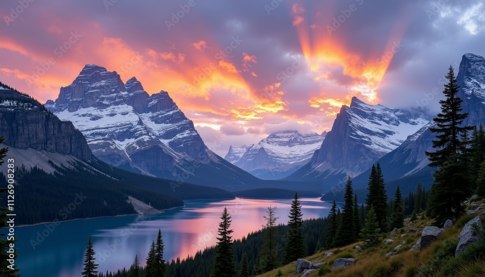 Obraz premium Rugged Mountain Landscape Under Dramatic Sunset with Alpine Lake