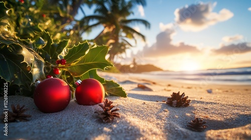 Tropical Christmas Sunset - Holiday spirit, beach scene, Christmas ornaments, palm trees, sunset glow.  Symbolizes warmth, joy, escape, relaxation, celebration. photo