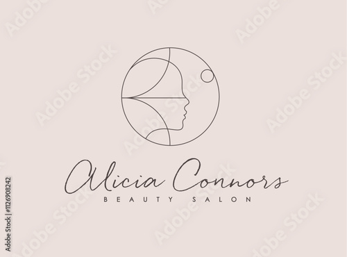 Obraz na płótnie Female linear silhouette label lettering beauty salon drawing on beige background w salonie