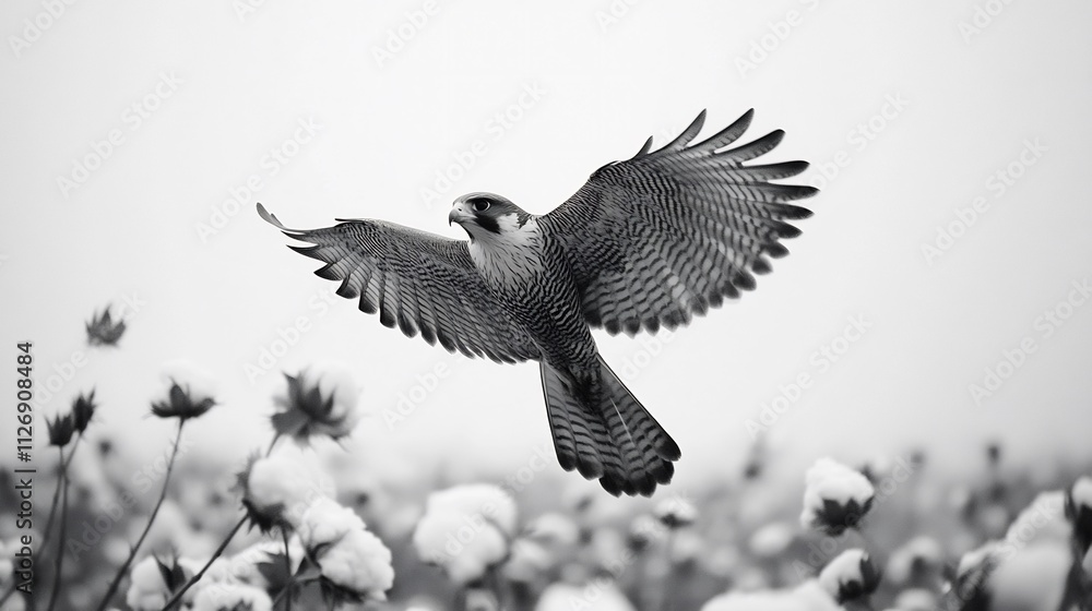Obraz premium Majestic Peregrine Falcon in Flight Over a Cotton Field