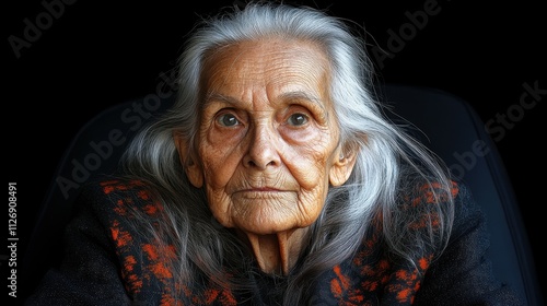 A woman with white hair and a black and orange jacket. She is looking at the camera. Scene is serious and contemplative