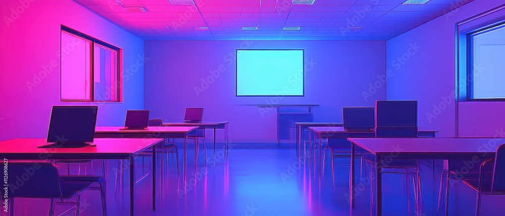 Vibrant Classroom Setting with Neon Lighting Vibrant Classroom Setting with Neon Lighting