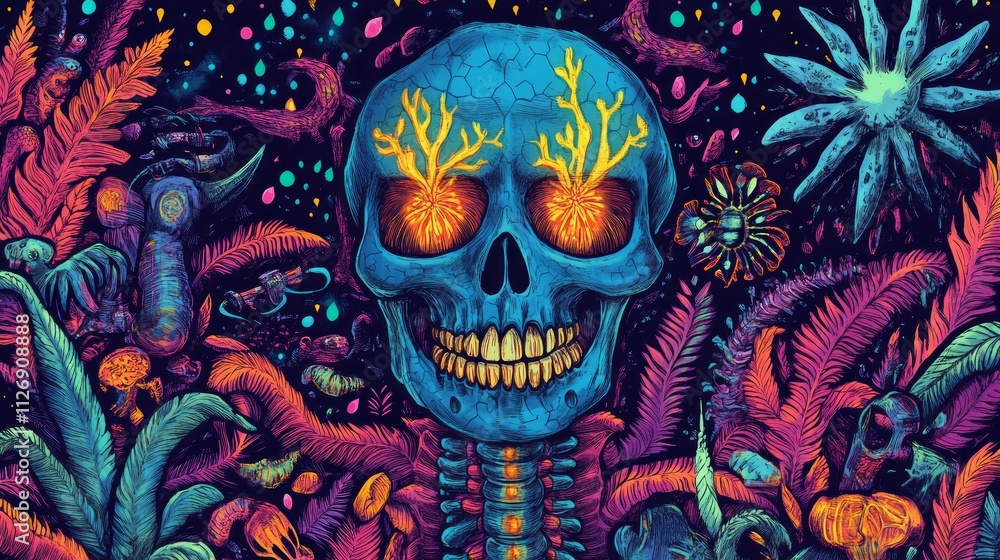 A colorful skull with glowing eyes sits amidst lush, imaginative foliage and cosmic motifs, creating a vivid depiction of life and death intertwined A colorful skull with glowing eyes sits amidst lush, imaginative foliage and cosmic motifs, creating a vivid depiction of life and death intertwined