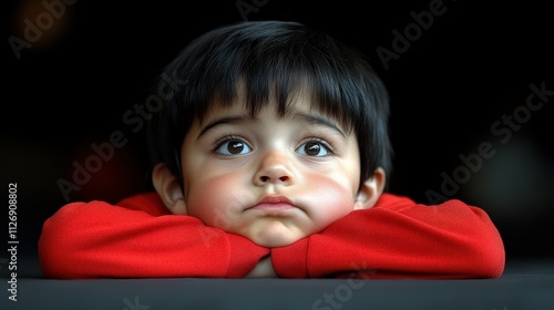 A young boy is sitting on the floor with his head down. He is wearing a red shirt