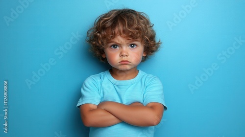 A young boy is standing with his arms crossed and a frown on his face. He is wearing a blue shirt and he is upset or angry