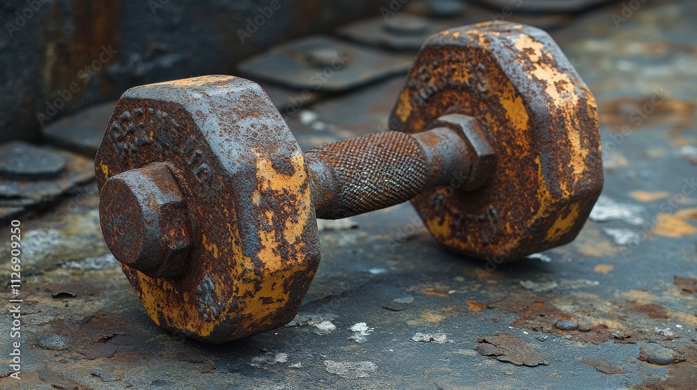 a rusty metal dumbbell with a nut a rusty metal dumbbell with a nut