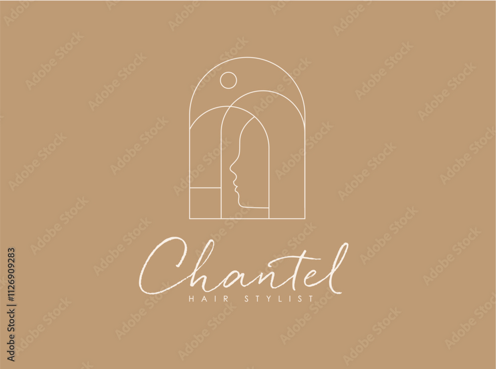 Female linear silhouette label lettering hair stylist drawing on brown background