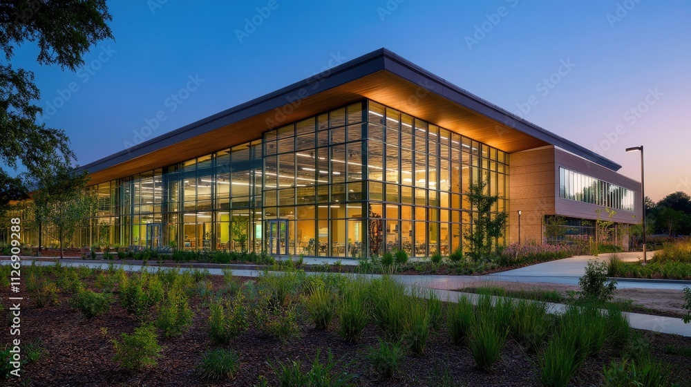 Sustainable corporate building with green design, energy-efficient lighting, and reflective glass surfaces captured at dusk with soft blue hour lighting. Sustainable corporate building with green design, energy-efficient lighting, and reflective glass surfaces captured at dusk with soft blue hour lighting.