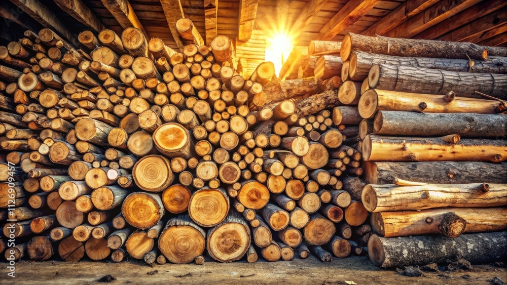 A stacked wall of cut logs bathed in warm sunlight, showcasing the natural beauty and intricate grain patterns of the wood. A stacked wall of cut logs bathed in warm sunlight, showcasing the natural beauty and intricate grain patterns of the wood.