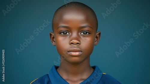 A young boy with a shaved head and a blue shirt. He has a wet face and is looking at the camera