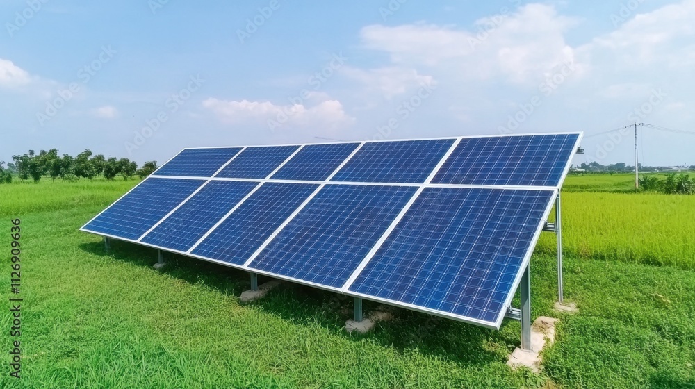 Solar Panel Installation on Green Field Under Clear Blue Sky Landscape Solar Panel Installation on Green Field Under Clear Blue Sky Landscape