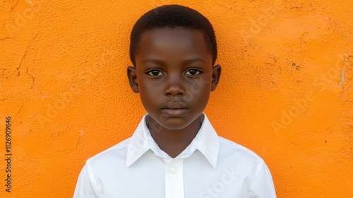 A young boy with dark hair and a white shirt stands in front of an orange wall. The boy's face is serious and he is looking at the camera