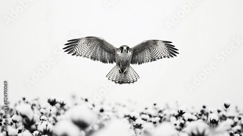Majestic Gyrfalcon in Flight over a Snowy Field
