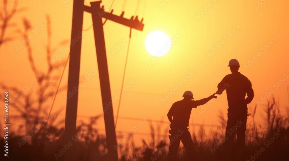 Silhouette of Two Workers at Sunset Near Power Lines in Rural Landscape Silhouette of Two Workers at Sunset Near Power Lines in Rural Landscape