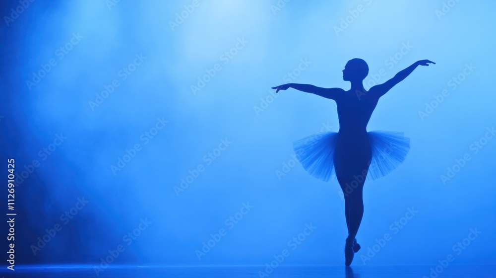 Fototapeta premium Elegant Ballerina Silhouette in Blue Fog Lighting on Stage Performance