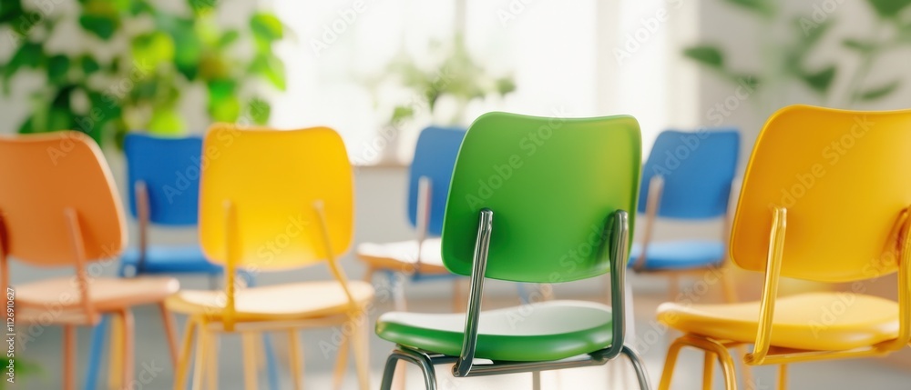 Colorful Classroom Chairs in a Bright and Airy Environment Colorful Classroom Chairs in a Bright and Airy Environment