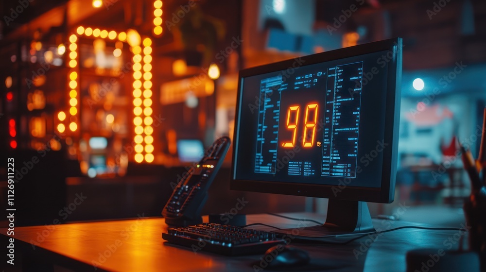 A dimly lit workspace featuring a large digital display and phone. A dimly lit workspace featuring a large digital display and phone.