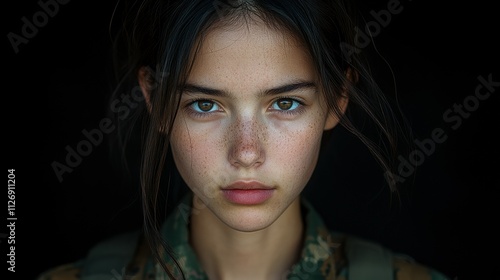 A young woman with brown hair and brown eyes is staring at the camera. She has a slight smudge on her nose and a red lip. The image has a moody and mysterious feel to it