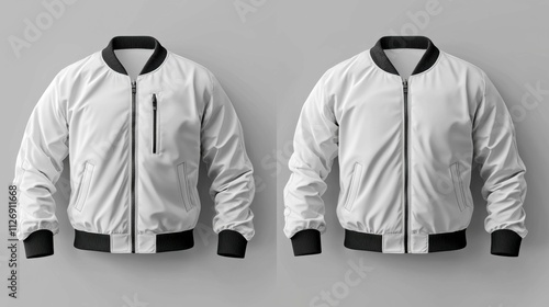 Wallpaper Mural A stylish white bomber jacket showcased on a gray background. The jacket features a zip closure and elegant pockets, ideal for branding purposes. Torontodigital.ca