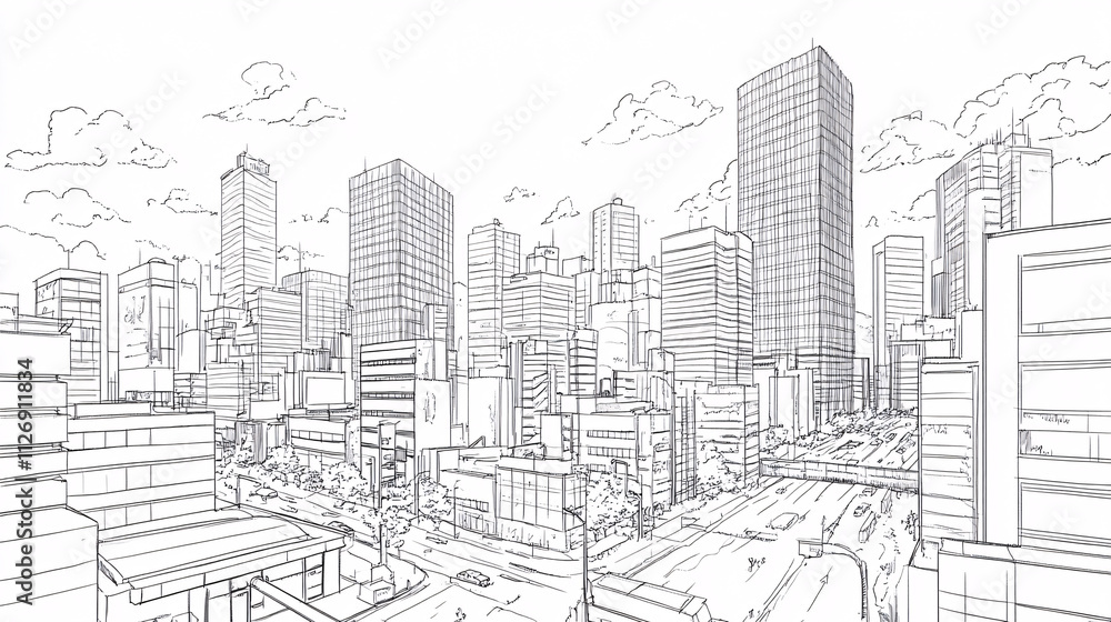 Line drawing of a bustling cityscape with towering skyscrapers and busy streets, representing urban development and modern architecture. Line drawing of a bustling cityscape with towering skyscrapers and busy streets, representing urban development and modern architecture.