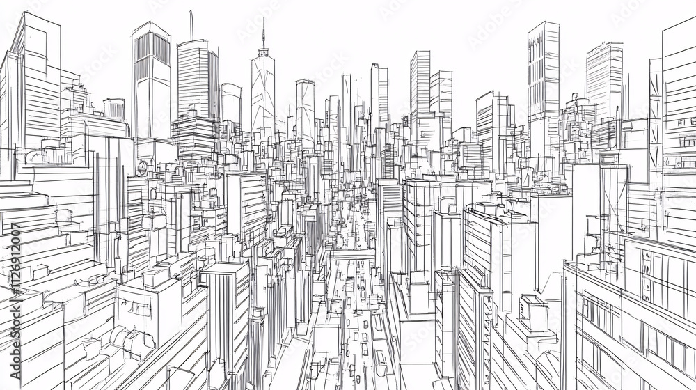 Fototapeta premium Line drawing of a bustling cityscape with towering skyscrapers and busy streets, representing urban development and modern architecture. 