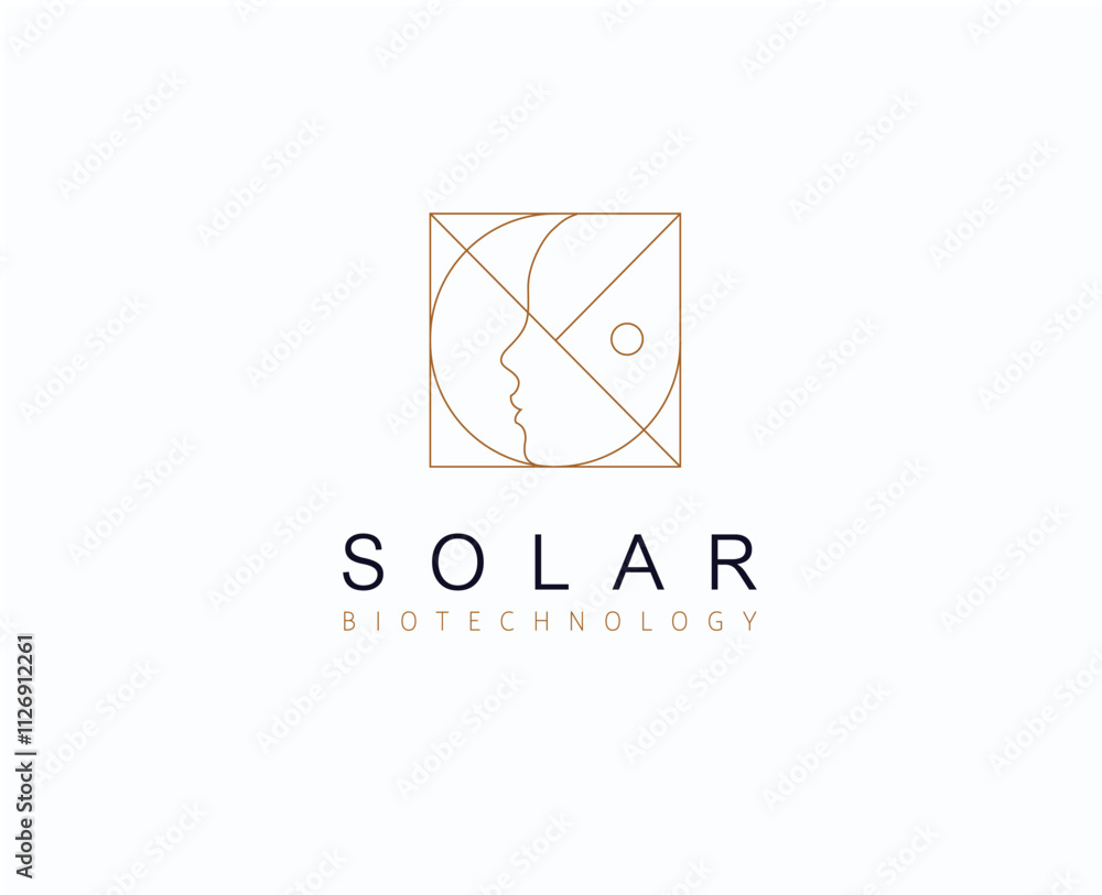 Female linear silhouette label lettering solar biotechnology drawing on brown background