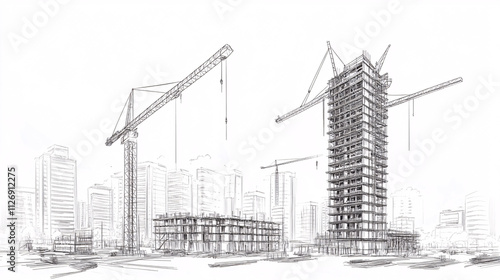 Fototapeta Naklejka Na Ścianę i Meble -  Line drawing of a construction site with cranes and scaffolding around a high-rise building, highlighting urban development. 