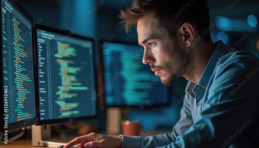 Dedicated programmer works late coding on dual monitors. Dedicated programmer works late coding on dual monitors.