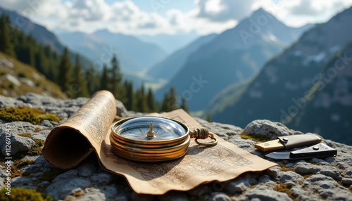 Wallpaper Mural Vintage Compass and Pocket Knife on Textured Rock in Scenic Mountain Landscape Torontodigital.ca