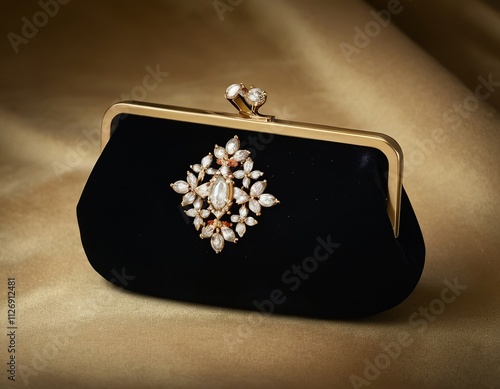 Elegant black clutch with a stunning jeweled clasp, perfect for formal occasions. photo