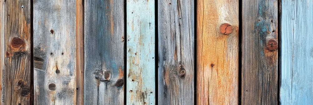 A textured wooden wall featuring planks in varying shades of blue, brown, and gray, showcasing natural imperfections and rustic charm. A textured wooden wall featuring planks in varying shades of blue, brown, and gray, showcasing natural imperfections and rustic charm.