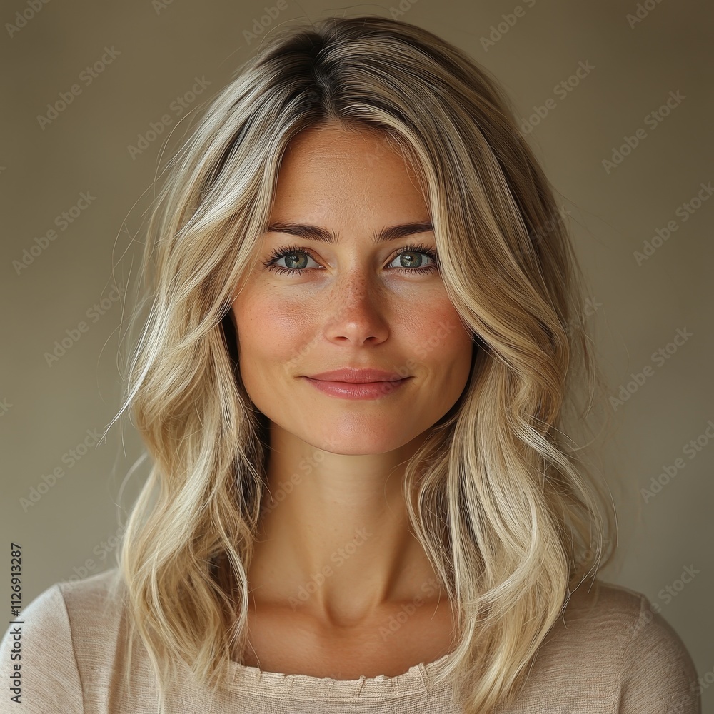 portrait of smiling woman is 35 years old with blond hair with beige blouse on beige color background portrait of smiling woman is 35 years old with blond hair with beige blouse on beige color background