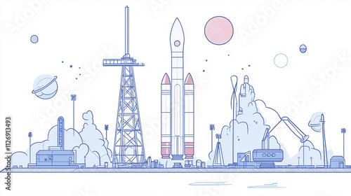 Fototapeta Naklejka Na Ścianę i Meble -  Line illustration of a space rocket launch site, with detailed components of the rocket and launch tower, symbolizing space exploration. 