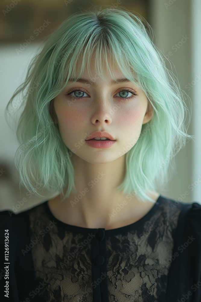 bold image of young woman with mint-colored hair, vertical bold image of young woman with mint-colored hair, vertical