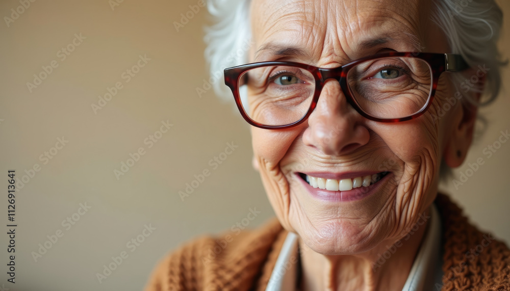 Close up portrait of a smiling senior woman wearing glasses showcasing her wrinkles and joy. Close up portrait of a smiling senior woman wearing glasses showcasing her wrinkles and joy.