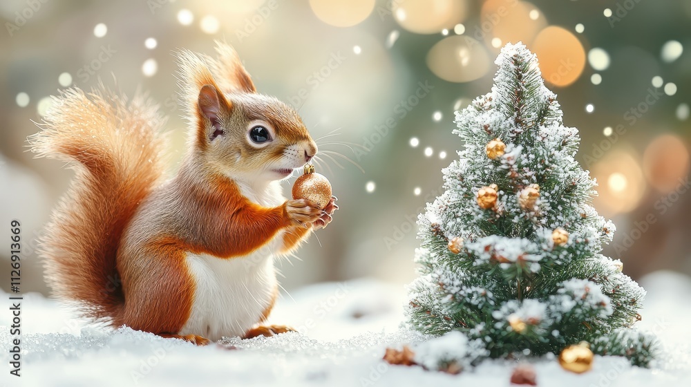 Obraz premium Playful Squirrel Holding Ornament Near Small Christmas Tree