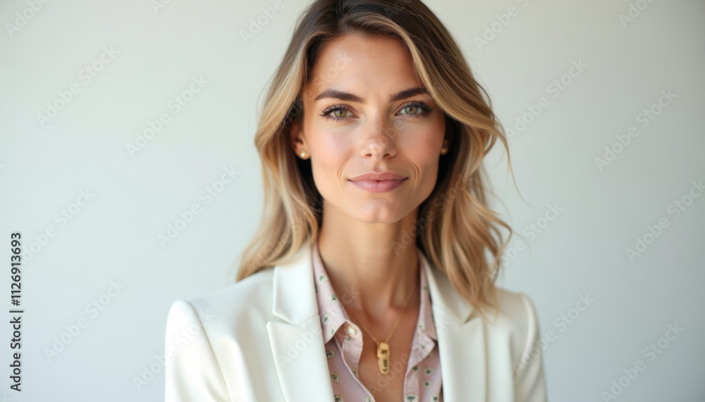Portrait of a confident young woman with blonde hair wearing a white blazer and a delicate necklace. Portrait of a confident young woman with blonde hair wearing a white blazer and a delicate necklace.